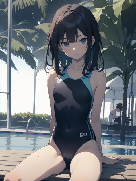 ultra-Top-quality by art God, ultra-detailed, high resolution, shinkai makoto style, anime moe artstyle, best anime 8k konachan wallpaper, pixiv contest winner, perfect anatomy, break,(Please draw a picture of a girl in a swimsuit sitting on a bench by the...