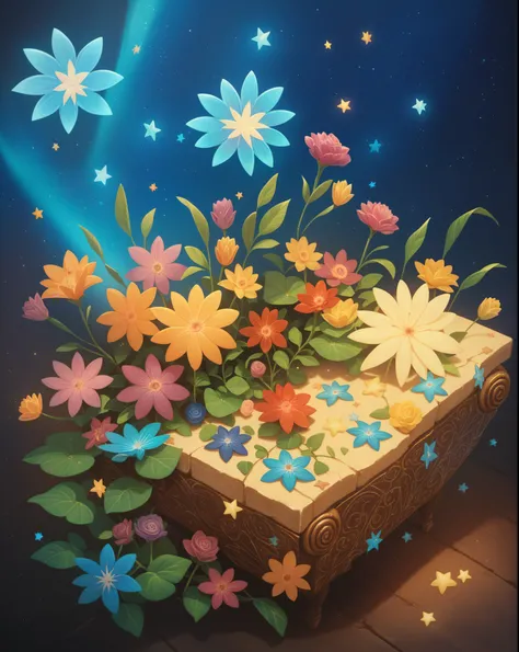 ((best quality)), ((masterpiece)), (detailed), very colorful detailed illustration of shiny luminous flowers growing out of an ancient soil, power of life, power of creation, all colors shiny stars are on the background 