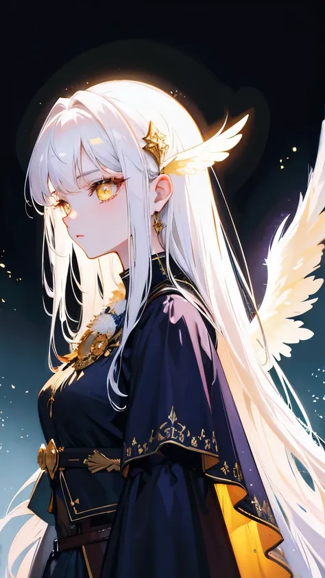 masterpiece:1.2, best quality, glow:1.4, high detailed, intricate details, 1 girl, solo, white hair, yellow eyes, long hair, dress, wings, angel, angel wings, detailed face, beautiful detailed eyes, beautiful detailed lips, extremely detailed eyes and face...