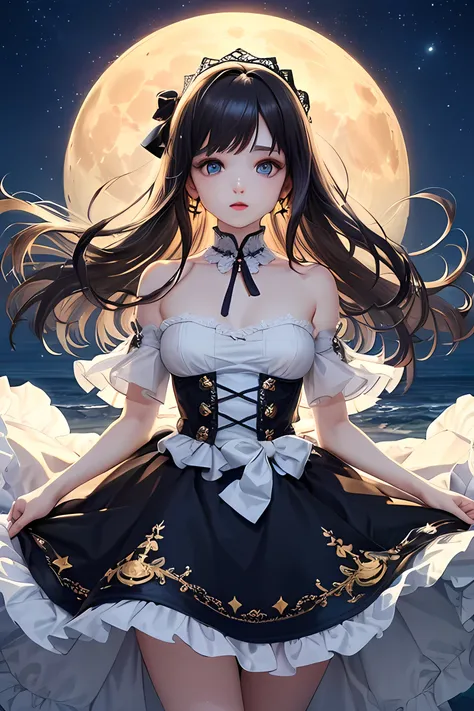 (Highest quality、Highest quality、Masterpiece、Very delicate、Very detailed、Exquisite、16K、Full HD)、1 female、(Pink Shiny Gothic Lolita Dress、Décolleté dress、Golden embroidery、Silver embroidery、Frill mini skirt dress、Skirt in the wind、White frills)、Perfect body...