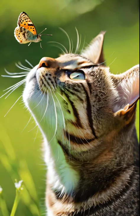 a curious cat gazes upwards, ((with a small butterfly perched delicately on the tip of its nose. the cat’s surroundings are soft...