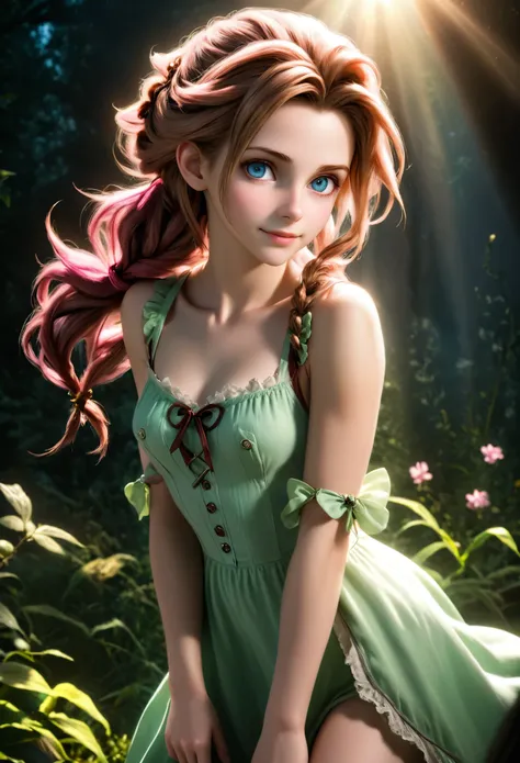 (Realisttic:1.2), analog photo style, (cute woman looking like Aerith Gainsborough), (cute detailed face, intensed detailed eyes), (her full body s a visual pleasure), faint smile, soft shading, lifelike skin texture, sexy and seductive, dynamic, in motion...