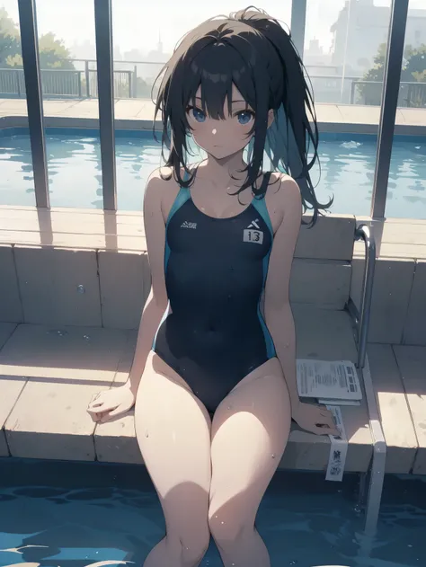 ultra-Top-quality by art God, ultra-detailed, high resolution, shinkai makoto style, anime moe artstyle, best anime 8k konachan wallpaper, pixiv contest winner, perfect anatomy, break,(Please draw a picture of a girl in a swimsuit sitting on a bench by the...