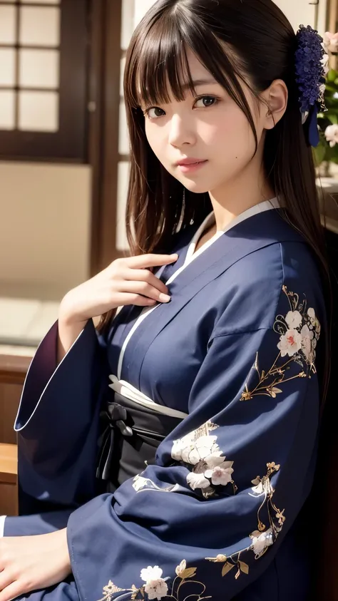 Tabletop, Highest quality, Very delicate and beautiful girl,Very delicate and beautiful, World Masterpiece Theatre, Very detailedな, Very detailed, Highest quality, Very beautiful silky black hair,kimono,Japanese Clothing,落ち着いた色合いのkimono,ナチュラルカラーのkimono, Hi...
