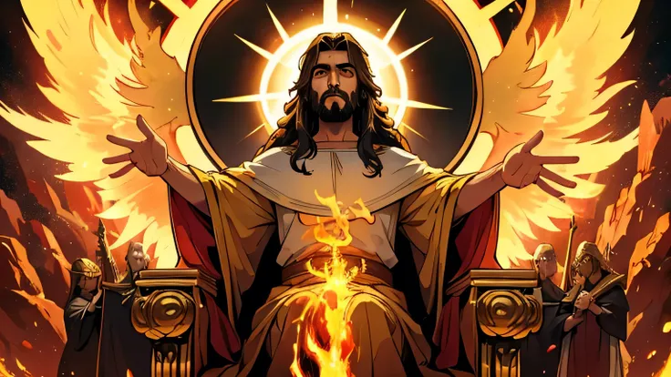 Jesus ruling on a golden heavenly throne, over the world being consumed in fire, with power, detailed, epic look