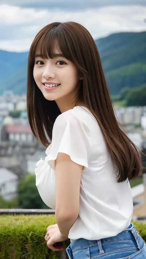 １４Beautiful girl of the year、solo、Full Body Shot、Big and beautiful eyes、One-length hairstyle with bangs、Perfect balance of style、Medium breast、Wearing a fluffy white blouse、Wearing a black miniskirt、Very beautiful smile、Narrow Face、A sexy pose that emphasi...