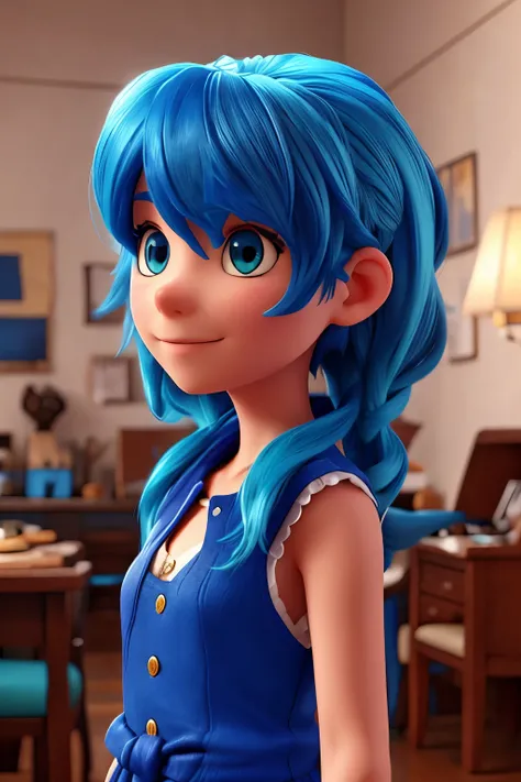 blue hair and the character&#39;s color is caramel and the white tiara with the shiny eye and a see-through coat and brown blouse and brown skirt and purple sneakers 