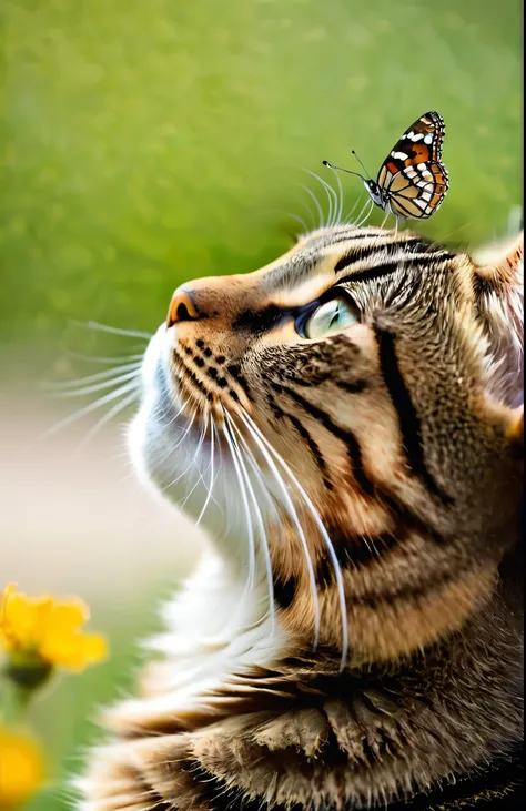 a curious cat gazes upwards, ((with a small butterfly perched delicately on the tip of its nose. the cat’s surroundings are soft...