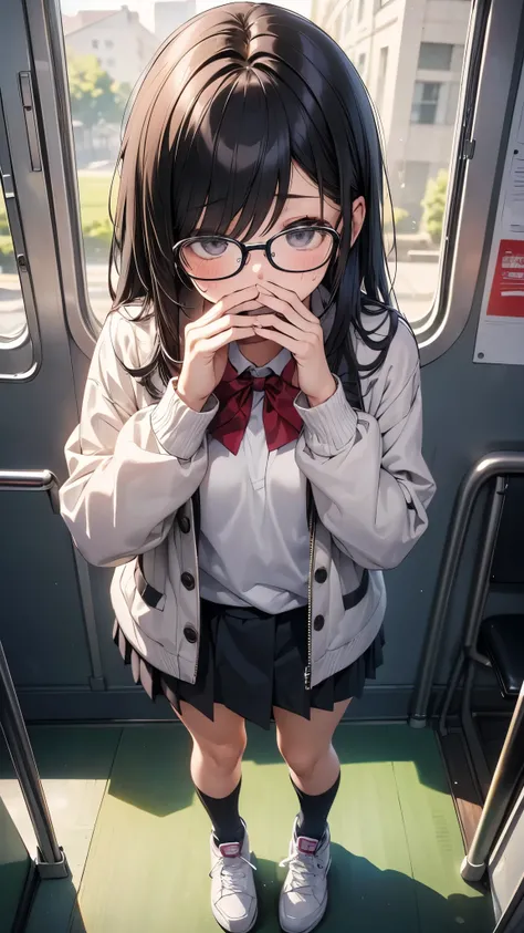 summer、Inside a crowded train、thick、Sweat、、high school girl、Student Bags、、Low length、(((((Eyes hidden by long bangs)))))、(((Long black hair:1.2　hair band)))(((Black-rimmed glasses:1.2　black eye)))、Strong sunlight、thicksummerの昼間、Dazzling sunlight、Look at th...