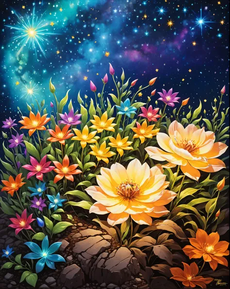 Masterpiece, best quality, luminous flowers and dark brown soil