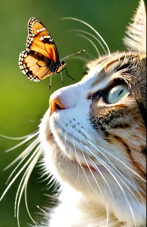 a curious cat gazes upwards, ((with a small butterfly perched delicately on the tip of its nose. the cat’s surroundings are soft...