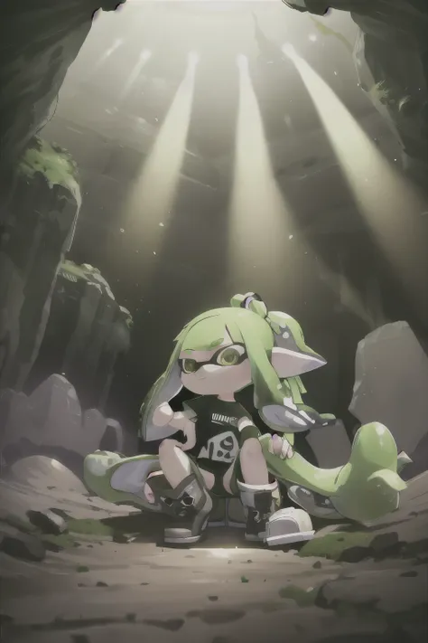 boots nutz, tucked in shirt, green short shirt, t-shirts, camouflage shorts, black belt, belt buckle, ((one splatoon girl)), squ...