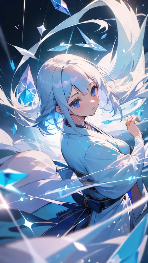 A beautiful girl, with clear silver hair, light blue eyes, wearing a traditional Japanese outfit, surrounded by crystals, the background is also beautiful, fantastical, floating particles, phantom, ephemeral, blurred, seemingly out of reach, high quality, ...