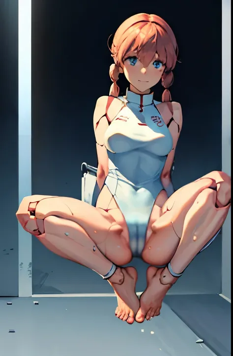 A Female mature robot exposes her inside mechanical organ. she wears white one-piece. Her Brown very short pigtails is tied with two big red clothespins, masterpiece, mature, android, blue eyes, full body, Height: 160cm, flushed cheeks, Uplifting, No NSFW,...