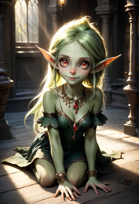 (Realisttic:1.2), analog photo style, (cute goblin wooman looking like elf, intensed red eyes, surrounded by a gloomy antique setting), (her full body s a visual pleasure), faint smile, soft shading expresses beautiful skin texture, sexy and seductive, Gra...