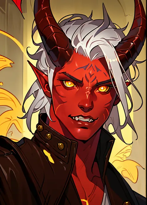 tiefling, male, pointy ears, horns, solo, white hair, medium hair, red skin, looking at viewer, yellow eyes, colored skin, parte...