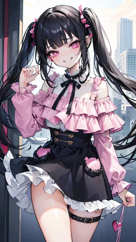 (8K、Highest image quality、highest quality、masterpiece)、detailed face、1 girl、black hair、long hair、twintails、blunt bangs、pink eyes、evil smile、((grin))、earringoderate chest、pink clothes、frills、((off shoulder))、black mini skirt、cowboy shot、burnig downtown back...