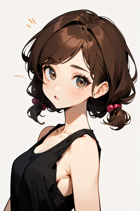 20-year-old women、cute、Hairstyle is medium cut、The hair is slightly curled、Brown Hair、Black tank top、Surprised face、Background white、No background