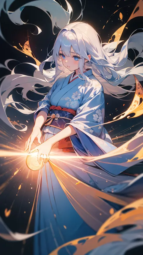 A beautiful girl, with clear silver hair styled in long, flowing waves, light blue eyes, wearing a traditional Japanese kimono with intricate floral patterns, holding a book enveloped in a mystical aura, surrounded by glowing flames, the background is a fa...