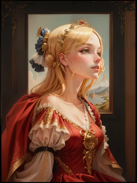 a close up of a painting of a woman with a red dress, in style of sandro botticelli, inspired by Domenico Ghirlandaio, portrait of a young woman, sandro botticelli style, in a style blend of botticelli, inspired by Ridolfo Ghirlandaio, botticelli style, pa...