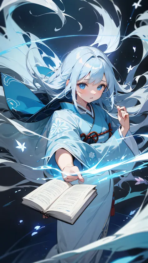 A beautiful girl, with clear silver hair styled in long, flowing waves, light blue eyes, wearing a traditional Japanese kimono with intricate floral patterns, holding a book enveloped in a mystical aura, surrounded by blue lightning, the background is a fa...