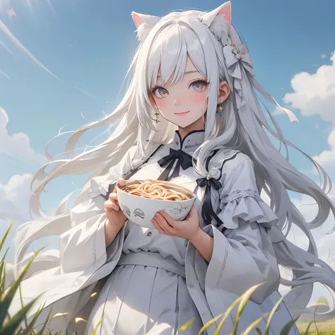 (masterpiece), Highest quality, Ultra-high resolution,Cat with white ribbon、White Hair、White eyes、White clothing、White Grass、smile、Eat udon noodles、To work a part time job