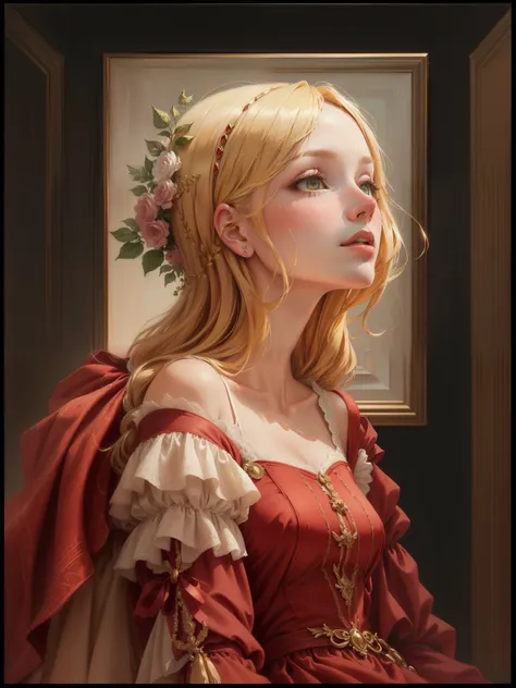 a close up of a painting of a woman with a red dress, in style of sandro botticelli, inspired by Domenico Ghirlandaio, portrait of a young woman, sandro botticelli style, in a style blend of botticelli, inspired by Ridolfo Ghirlandaio, botticelli style, pa...