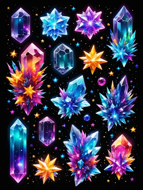 ((best quality)), ((masterpiece)), (detailed), magic crystals, neon crystals, luminous bright colorful crystals, shiny starry galaxy with colorful stars is on the background 