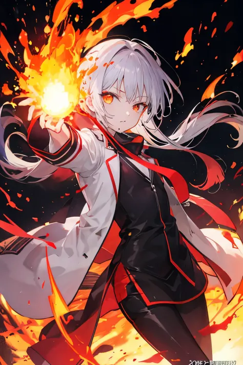 Create an anime character with a body covered in shadow on fire with flaming eyes 