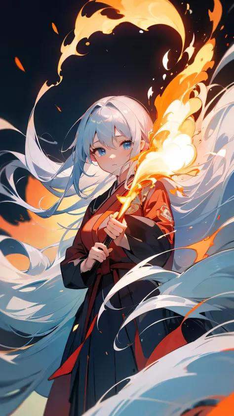 A high school girl with clear silver hair styled in long, flowing waves, light blue eyes, wearing a traditional Japanese , with parts of her uniform being engulfed in flames, surrounded by a dramatic background with floating embers, creating a tense, high ...