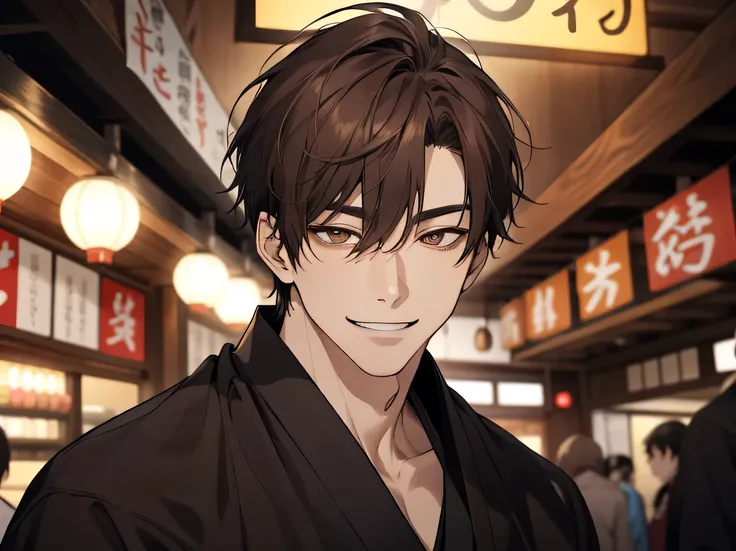 masterpiece,Dynamic Angle,Face close-up,Angle from below,male, (29-year-old),(male1 person)、Izakaya shop owner,alone,Adult,A gentle smile,Excited,Brown Hair,Kakiage,(Droopy eyes),Lewd Eyes,Black suit,kimono,,smile,Izakaya,night