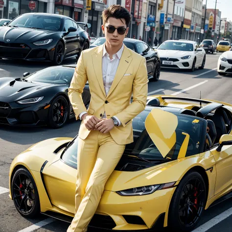 A cool entrepreneur driving a sports car, wearing a yellow suit and sunglasses。in the business district。