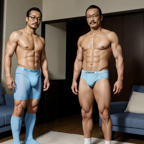 40 years old，Hidetoshi Nakata，（Kogoro Mori 1.3），Two muscular men standing，whole body，foot，Black socks，Glasses，Light blue underwear，Topless，Densely hairy，Fortitude，HD，With a mustache，