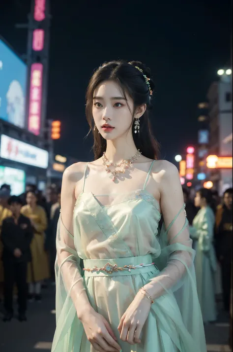 (((best quality))),(((ultra detailed))),(((masterpiece))),illustration,((1 beautiful girl,solo,korean princess)),((see through gorgeous sheer hanbok)),((slim,thin,small breasts,flat chest)),bun hair,((city streets,night scene)),delicate features,(tradition...