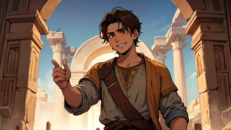 Prophet Joel, young man with short dark brown hair and ancient poor clothes from the 1st century BC, dark brown, light brown eyes, 25 years old. smiling and crying while yelling at people