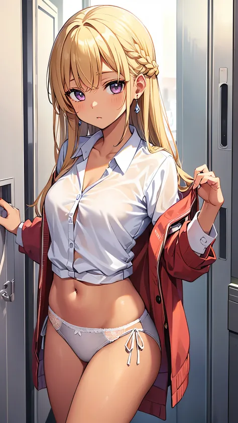 (high school girl、Tan Skin、Brown skin、Earrings、Change of clothes、shirt、satin bra、Satin Panties)、(Hairstyle:french braid、Blonde)、locker room