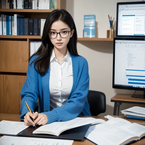 Create an image of a woman wearing a blue cardigan over a shirt, donning glasses, and holding a pen and a board, embodying an administrator type. Surround him with a vibrant background that complements his professional demeanor, such as a bustling office e...