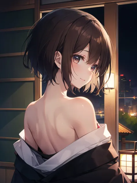 ((Highest quality, High resolution,  Perfect Pixel,  4K)),  (Beautiful Anime Girls), Depth of written boundary、
looking at viewer, 


short hair, Baby Face、Detailed eyes、Round face、he is short、
 
Black Hair、(Brown Skin:1.3)、

White kimono, 
from behind, 
o...