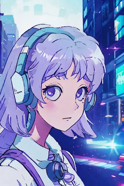 Unique and stylish girl。Light purple hair。Wearing headphones。City Pop。Bright expression