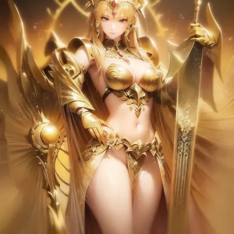 A closeup of a woman with a sword and wings, Angelic golden armor, goddess. extremely high detail, extremely detailed goddess shot, golden goddess athena, anime goddess, goddess of light, mystical atlantean valkyrie, as a mystical valkyrie, female lord of ...