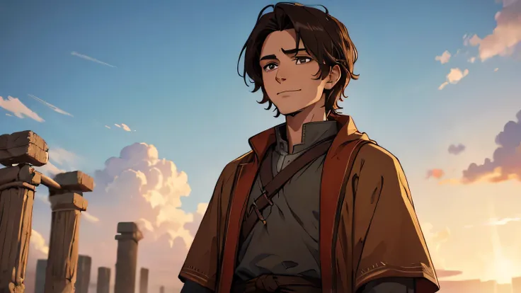 Prophet Joel, young man with short dark brown hair and ancient poor clothes from the 1st century BC, dark brown, light brown eyes, 25 years old. smiling and crying while yelling at people