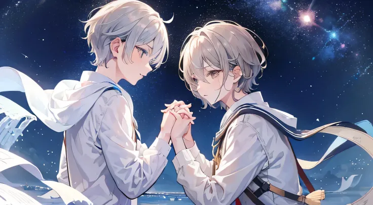 Two boys, Silver-haired boy and brown-haired boy holding hands,Starry sky、Summer evening、confession scene、Man&#39;s love、high resolution、Ultra Detailed