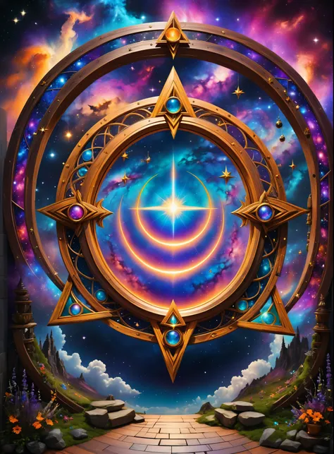 ((best quality)), ((masterpiece)), (detailed), magic, witchcraft, witch accessories, perfect symmetry, big colorful portal to the galaxy in the middle of the composition, spiritual practice, harmony