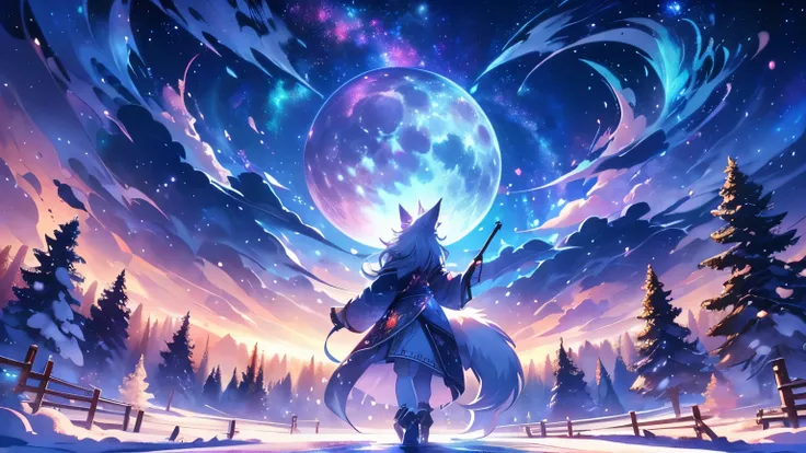 expansive landscape photography (a view from below showing the sky above and an open forest below), woman standing on a paved path looking at the landscape, wolf woman, full fur, white fur (particle of light around the wolf woman), full tail, white hair (l...