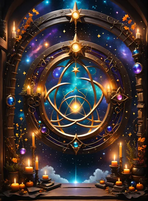 ((best quality)), ((masterpiece)), (detailed), magic, witchcraft, witch accessories, big portal to the universe right in the middle of the picture, shining bright, spiritual practice, harmony