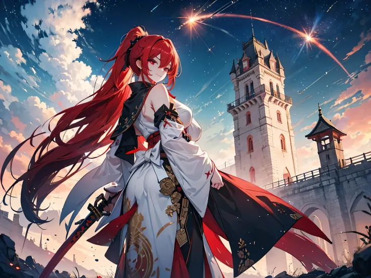 Japanese style castle in the background, starry skies, Ultra-detailed backgrounds, Anime style painting, Heavy makeup, Holding a sword, An illustration, Calm expression, Perfect hands, elder, Redhead, The dignity of a 26-year-old, Tipsy woman, alone、master...