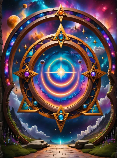 ((best quality)), ((masterpiece)), (detailed), magic, witchcraft, witch accessories, perfect symmetry, big colorful portal to the galaxy in the middle of the composition, spiritual practice, harmony