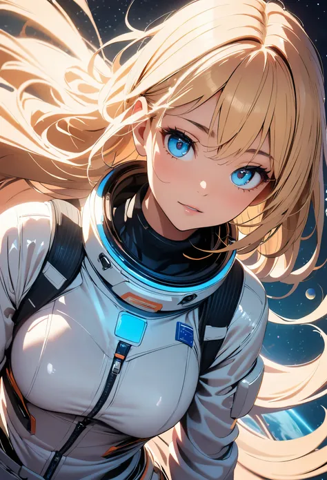 a female astronaut floating in space, detailed face and eyes, long hair flowing, futuristic spacesuit, detailed metallic spacesuit, glowing stars and planets in the background, cinematic lighting, dramatic atmosphere, highly detailed, 8K, animestyle:1.1, m...