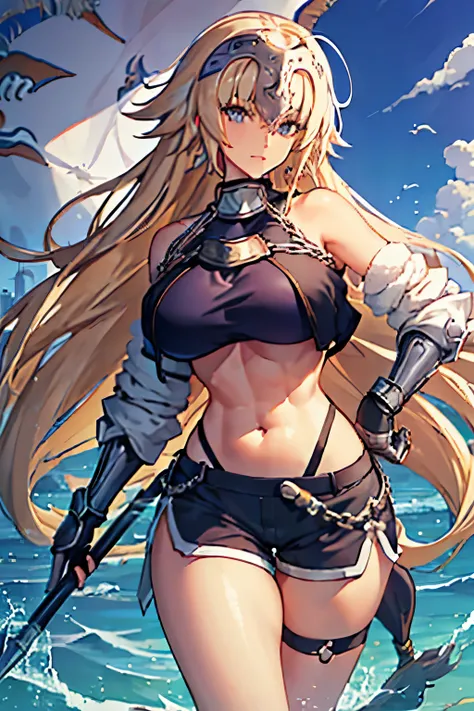 masterpiece, Highest quality, 1 person,(  Are standing, View your viewers),Detailed Background、A person who writes in detail、Accurate human body、Knowledgeable person、Accurate 5 fingers, (woman,Curvy body,alone ,),large breasts ,(jeanne_d_arch_fgo),((crop t...