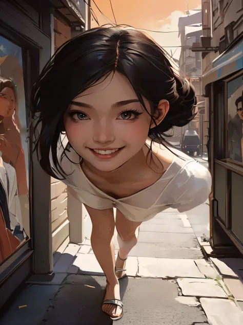 there is a western woman that is standing on the sidewalk in front of a poster, artwork in the style of guweiz, beautiful digital artwork, ross tran 8 k, ross tran style, in the style of ross tran, wojtek fus, rossdraws global illumination, wlop and ross t...